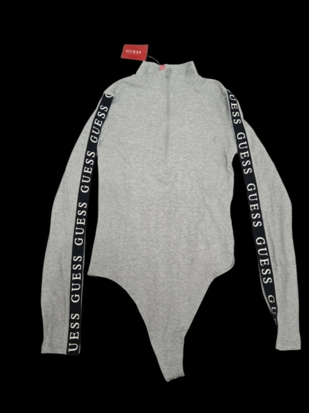 GUESS Gray Long-Sleeve Zip-Front Bodysuit with Logo Sleeve Tape